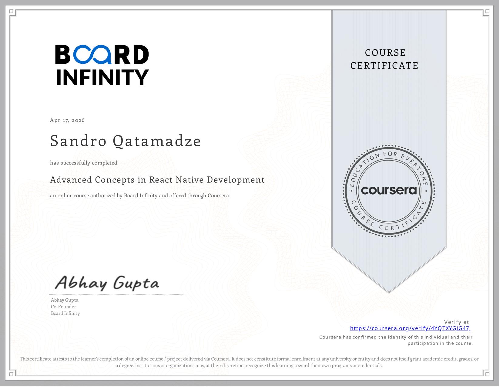 Successfully completing a Board Infinity - Advanced Concepts in React Native Development