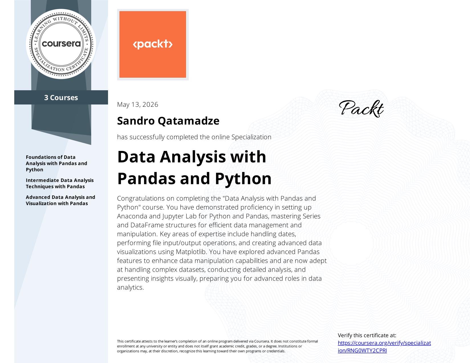 Successfully completing a Packt - Data Analysis with Pandas and Python