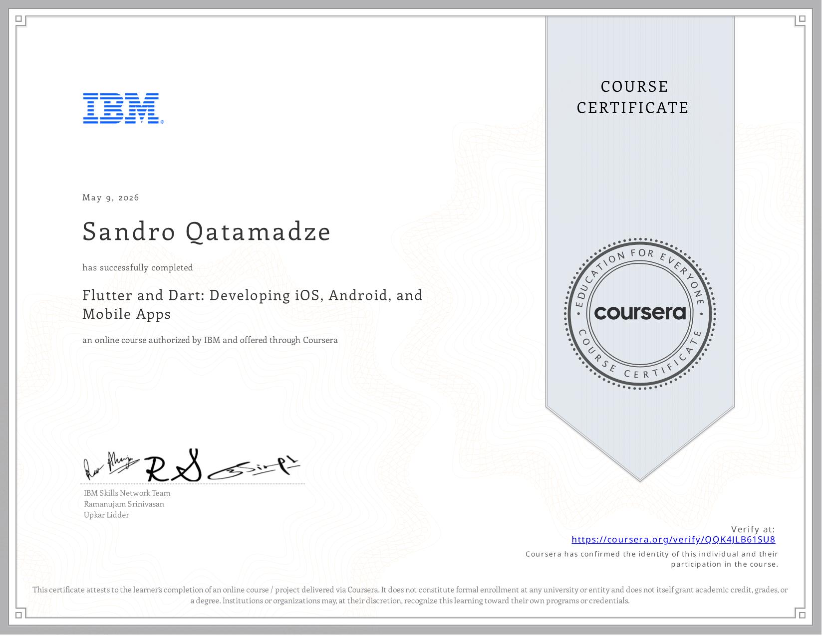 Successfully completing a IBM - Flutter and Dart: Developing iOS, Android and Mobile Apps