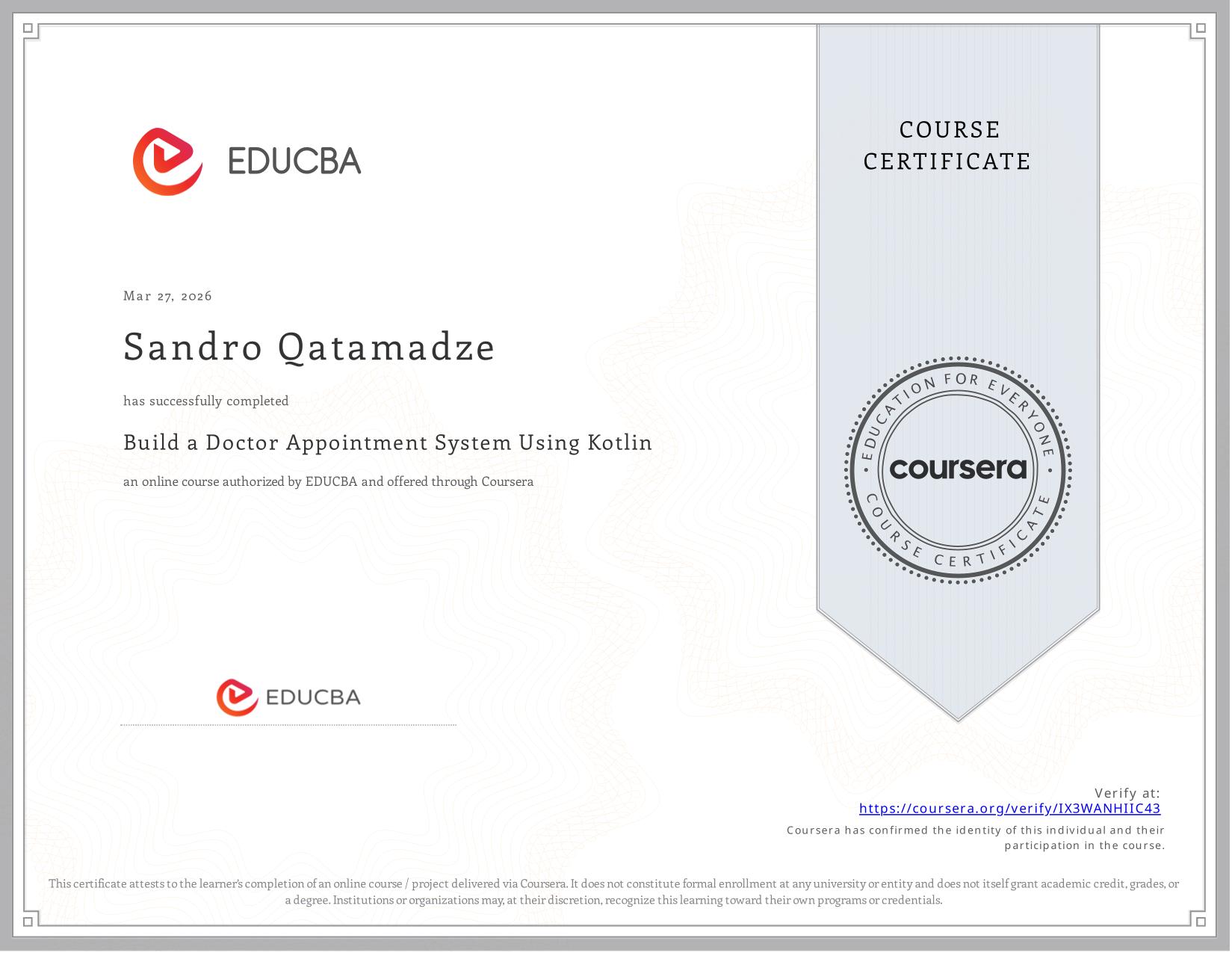 Successfully Completing Build a Doctor Appointment System using Kotlin Course