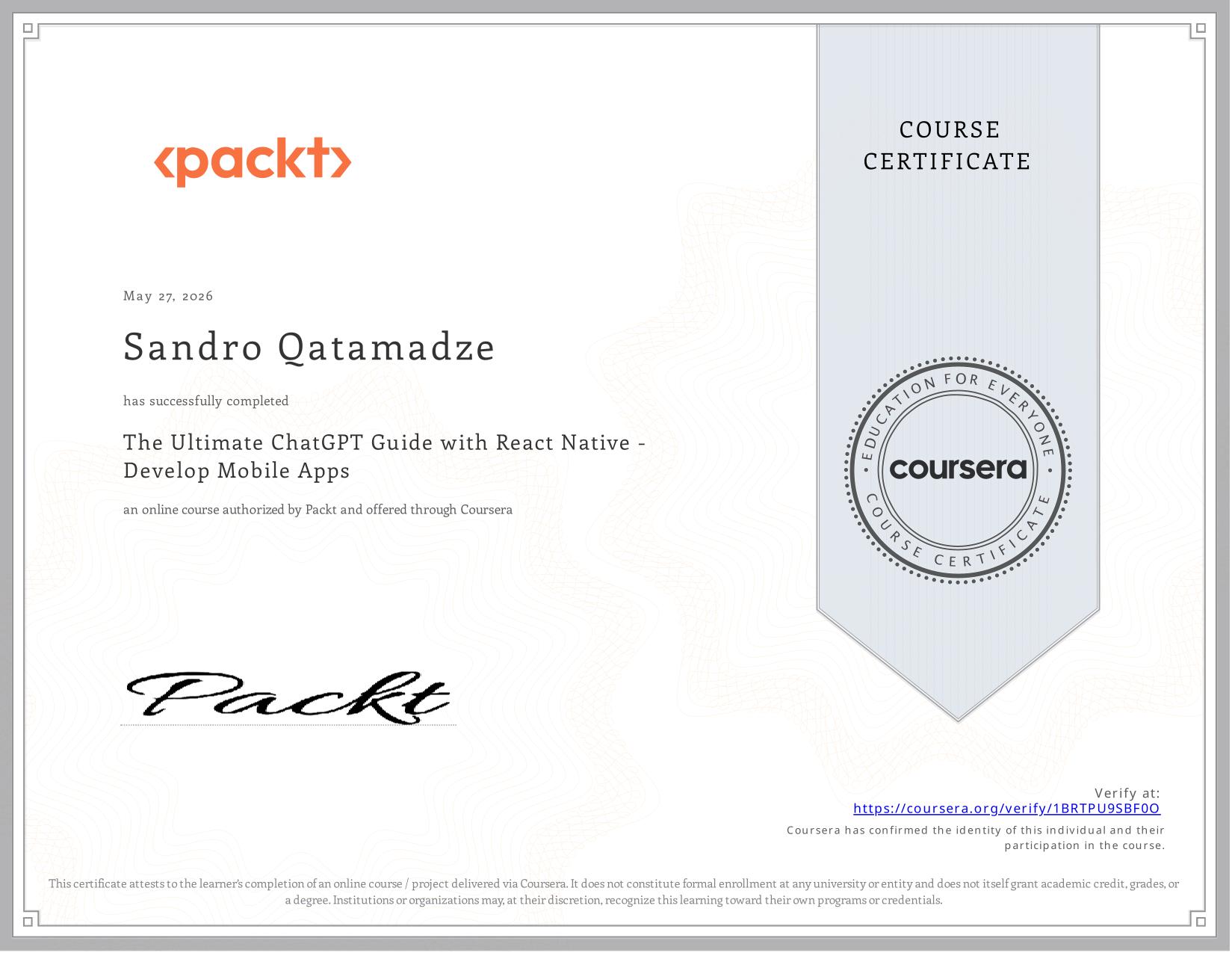 Successfully completing a The Ultimate ChatGPT Guide with React Native - Develop Mobile Apps Course