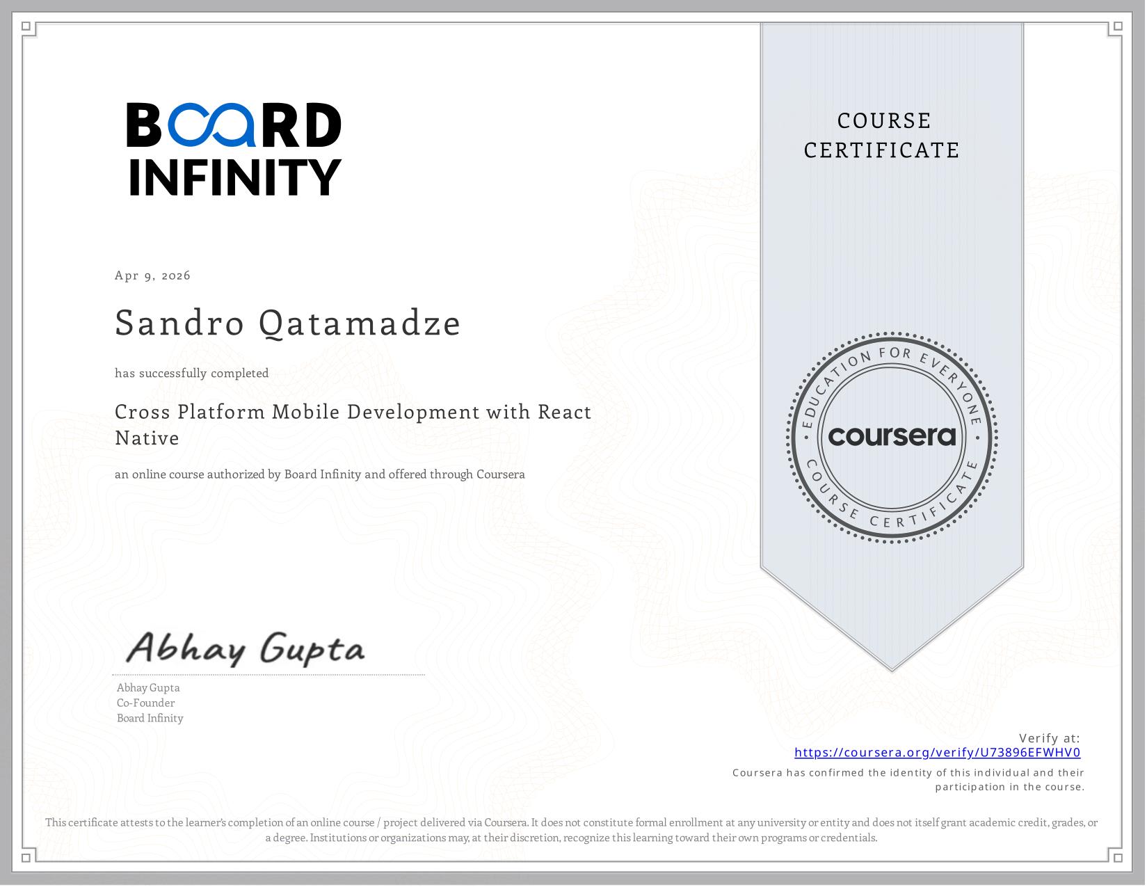 Successfully completing a Board Infinity - Cross Platform Mobile Development with React Native