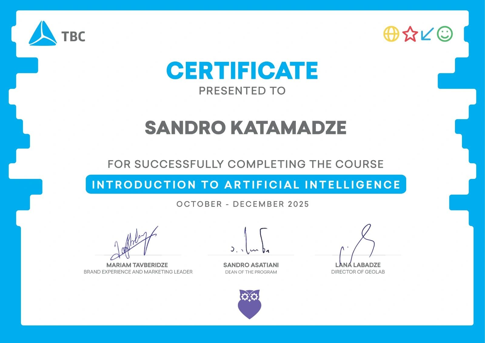 Successfully Completing TBC TechSchool Course Introduction to Artificial Intelligence